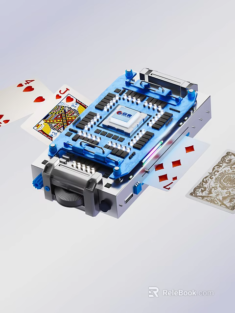 Blue Mechanical Card Shuffling Machine With Hearts Cards And Silver Elements 3d model