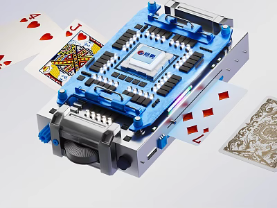Blue Mechanical Card Shuffling Machine With Hearts Cards And Silver Elements 3d model