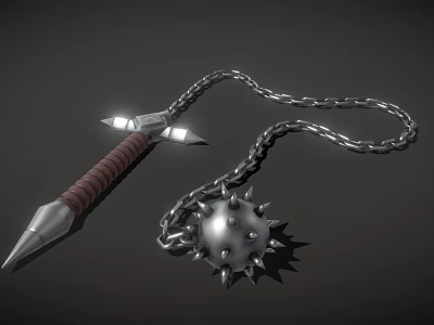 Medieval Spiked Flail Weapon With Metal Chain And Wooden Handle 3d model