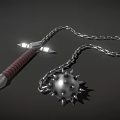 Medieval Spiked Flail Weapon With Metal Chain And Wooden Handle