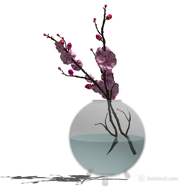 Decorative Transparent Spherical Vase With Pink Blossoms And Branches In Water 3d model 