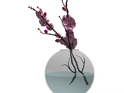 Decorative Transparent Spherical Vase With Pink Blossoms And Branches In Water 3d model