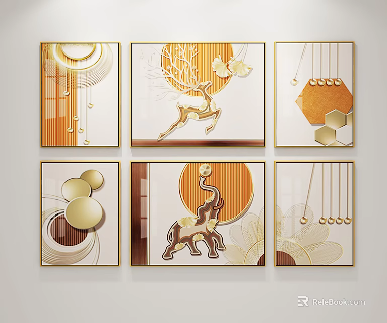 Modern Decorative Wall Art With Deer Butterfly Elephant And Geometric Patterns 3d model 