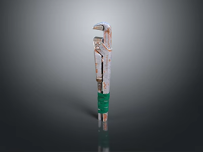 Rusty Adjustable Wrench With Green Handle On Gray Background And Reflection 3d model