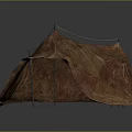 Rustic Brown Fabric Tent Structure With Support Poles And Pleated Canopy Design