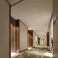Hotel Corridor Interior With Recessed Ceiling Lights Carpeted Flooring And Wall Decor