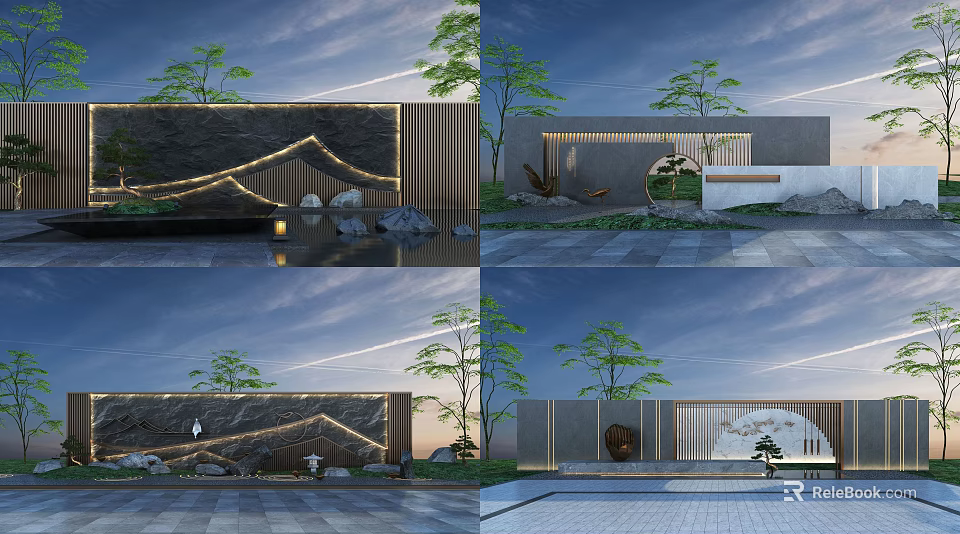 Modern Zen Feature Wall Design With Stone Accents Trees And Water Reflection 3d model 