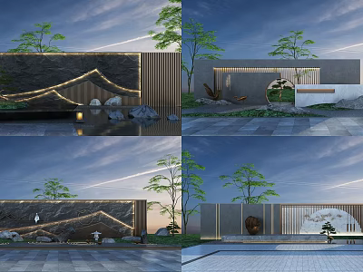 Modern Zen Feature Wall Design With Stone Accents Trees And Water Reflection 3d model