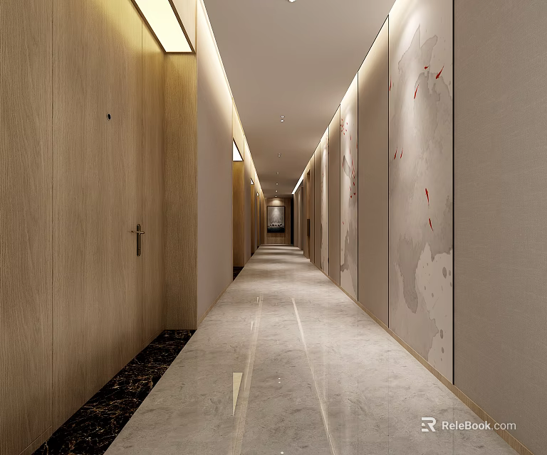 Sleek Elevator Corridor Interior With Wooden And Gray Walls Red Accents And Polished Marble Floor 3d model 