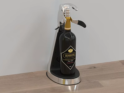 Electric Wine Opener Kitchen Appliance With Black Bottle And Silver Stand On Wooden Countertop 3d model