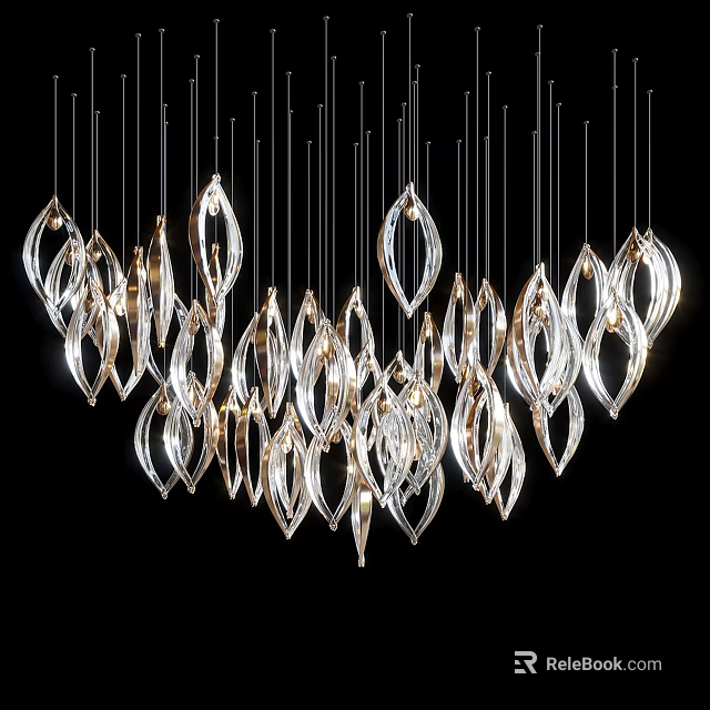 Modern Elegant Chandelier With Crystal Leaf Shaped Glass Hanging Illuminated Design 3d model 