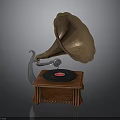 Vintage Gramophone With Brass Horn Vinyl Record And Carved Wooden Base