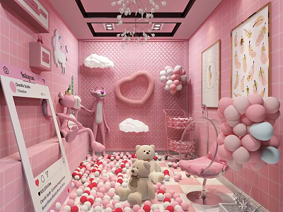 Pink Kids Playroom With Ball Pit Teddy Bear Unicorn Heart Clouds And Balloons 3d model