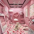 Pink Kids Playroom With Ball Pit Teddy Bear Unicorn Heart Clouds And Balloons