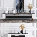 Modern Black White TV Stand With Gold Metal Legs Marble Top And Decorative Items