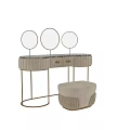 Elegant Modern Dressing Table With Marble Top Gold Frame Round Mirrors And Beige Stool 3d model