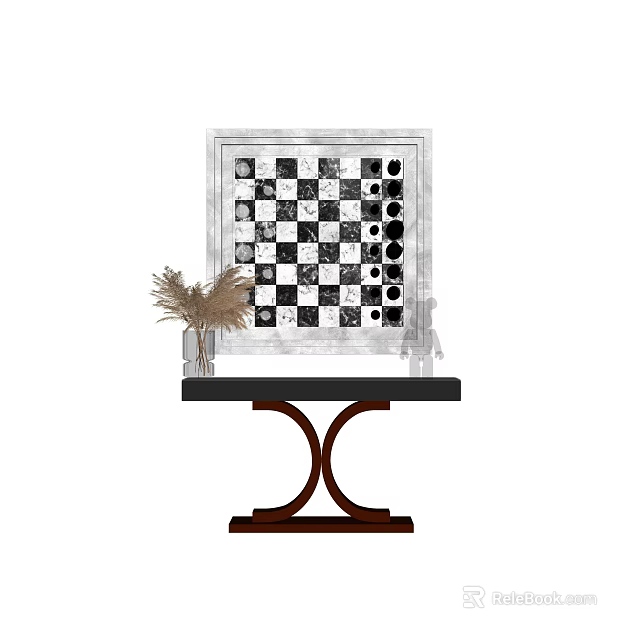 Stylish Console Table With Black White Checkered Artwork Dried Pampas Grass And Glass Vase 3d model 