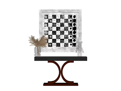 Stylish Console Table With Black White Checkered Artwork Dried Pampas Grass And Glass Vase 3d model