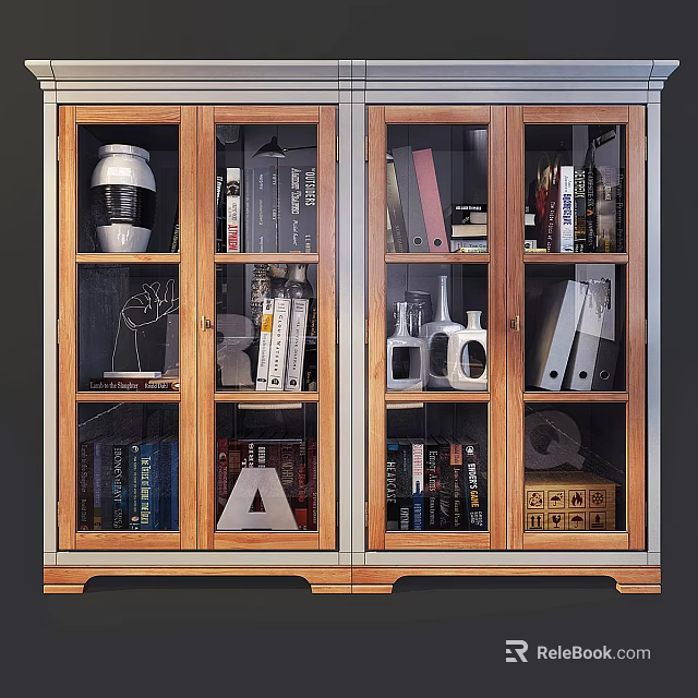 Wooden Bookcase With Glass Doors And Shelves Filled With Books Folders And Decorative Items 3d model 