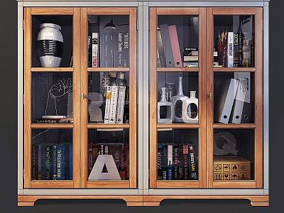 Wooden Bookcase With Glass Doors And Shelves Filled With Books Folders And Decorative Items 3d model