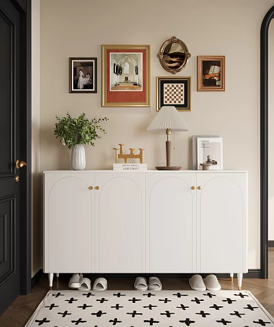 White Shoe Cabinet With Vase Decorative Items Table Lamp And Books Under Framed Paintings 3d model