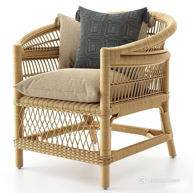 Rattan Outdoor Chair with Armrest and Neutral Patterned Cushions Natural Woven Design 3d model 