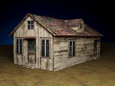 Weathered Rustic Wooden House with Red Tiled Roof Multiple Windows in Grassland Under Dark Sky 3d model