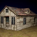 Weathered Rustic Wooden House with Red Tiled Roof Multiple Windows in Grassland Under Dark Sky