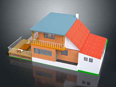 Cartoon Style Two Story House With Blue Red Roofs White Balcony Railing And Brown Walls 3d model