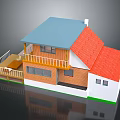 Cartoon Style Two Story House With Blue Red Roofs White Balcony Railing And Brown Walls