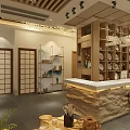 Traditional Tea House Interior Design With Wooden Furniture Decorative Paintings And Warm Lighting