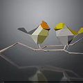 Two Colorful Origami Birds With Orange And Yellow Heads Standing On Branch