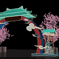 Traditional Chinese Event Archway with Green Roof Red Frame Cloud Patterns Cranes Cherry Blossoms Lanterns