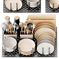 Practical Modern Tableware Set with Plates Bowls Utensils and Metal Storage Racks