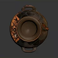 Black And Orange Ceramic Vase Sculpture With Carved Patterns And Handle