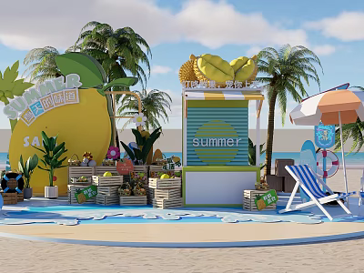 Summer Interactive Area With Yellow Backdrop Pineapple Decorations Fruit Stalls Palm Trees And Beach Chair 3d model