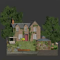 Cartoon Scene with Brick House Trees Gazebo Boat and Lush Green Grass