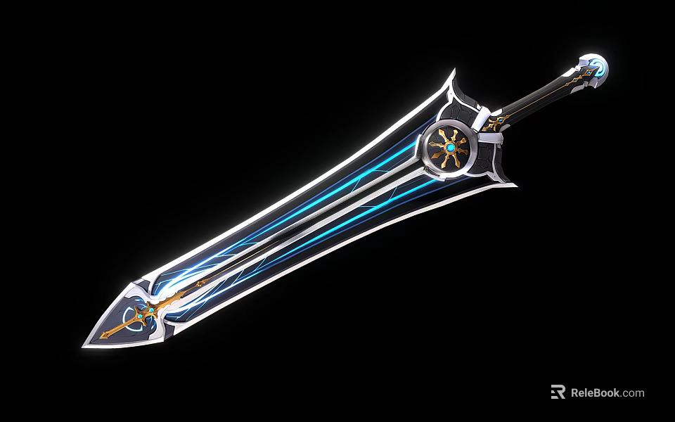 Fantasy Decorative Sword With Blue Glowing Lines And Ornate Hilt Design Details 3d model 
