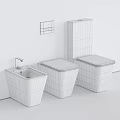 Three White Wall Mounted Toilets With Different Heights On Grey Bathroom Wall 3d model