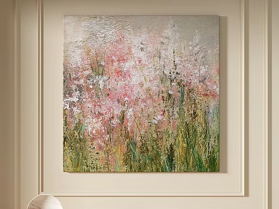 Abstract Oil Painting With Pink White Flowers Green Grass And Textured Brushstrokes 3d model
