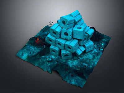 Decorative Blue Stacked Cube Structure With Holes On Blue Base 3d model
