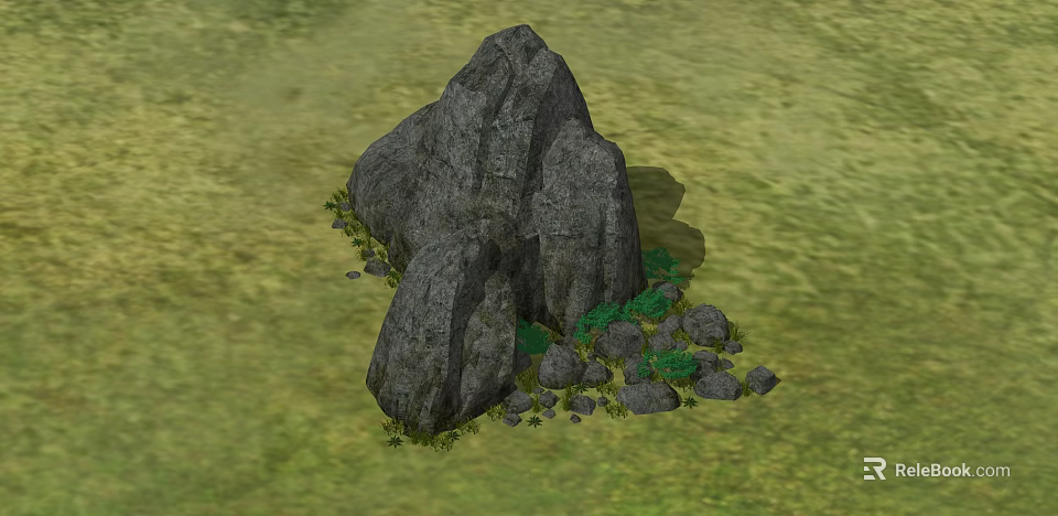 Natural Large Rock Structure With Small Stones And Green Plants On Grassy Field 3d model 