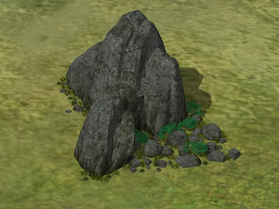 Natural Large Rock Structure With Small Stones And Green Plants On Grassy Field 3d model