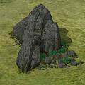 Natural Large Rock Structure With Small Stones And Green Plants On Grassy Field