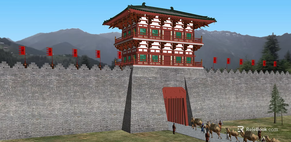 Ancient Chinese Architecture City Gate Tower With Red Flags City Wall And Camels 3d model 