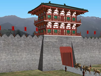 Ancient Chinese Architecture City Gate Tower With Red Flags City Wall And Camels 3d model