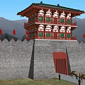 Ancient Chinese Architecture City Gate Tower With Red Flags City Wall And Camels