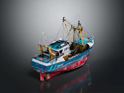 Fishing Boat With Blue And Red Hull Featuring Fishing Cranes And Equipment 3d model