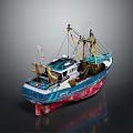 Fishing Boat With Blue And Red Hull Featuring Fishing Cranes And Equipment