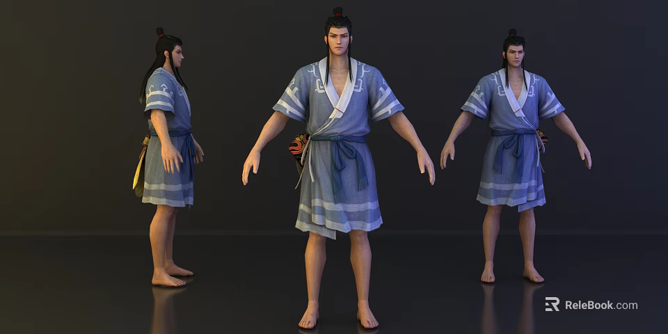 3D Model Male Character In Blue Traditional Sash Costume Different Angles 3d model 